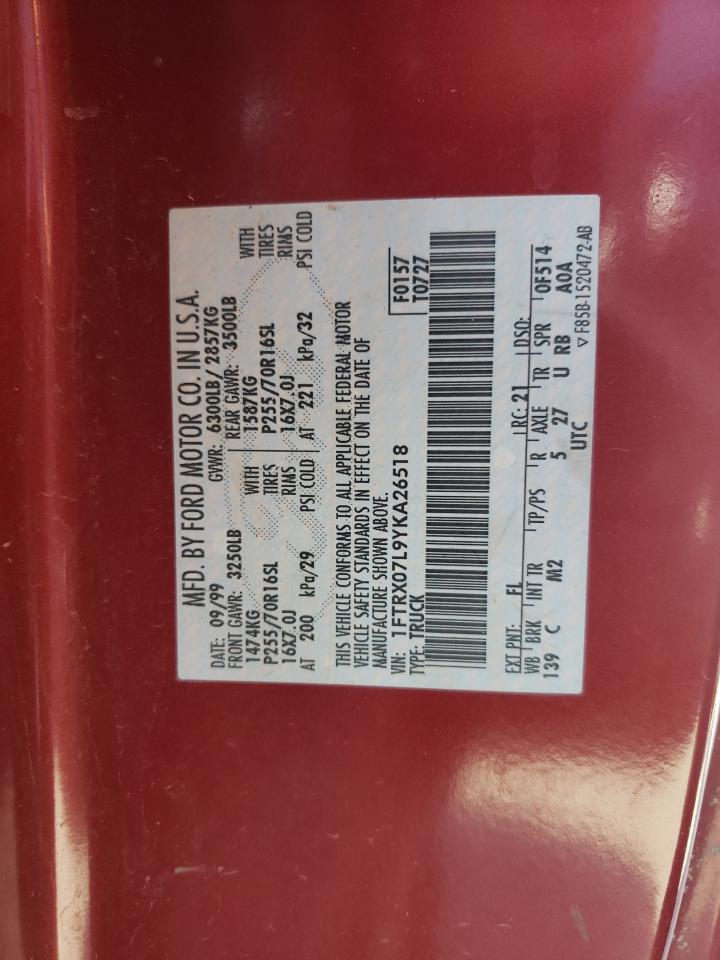 Photo 10 from auction – 2000 FORD F150 with VIN 1FTRX07L9YKA26518