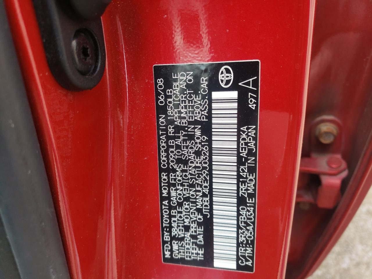 Photo 10 from auction – 2009 TOYOTA COROLLA BA with VIN JTDBL40E29J032619