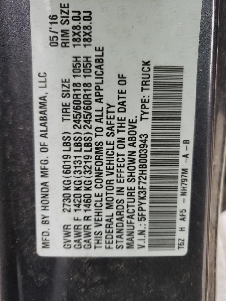 Photo 10 from auction – 2017 HONDA RIDGELINE with VIN 5FPYK3F72HB003943