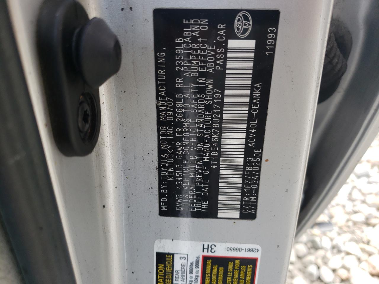 Photo 10 from auction – 2008 TOYOTA CAMRY CE with VIN 4T1BE46K78U217197