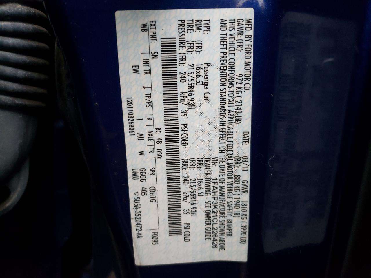 Photo 10 from auction – 2012 FORD FOCUS SE with VIN 1FAHP3K21CL226426
