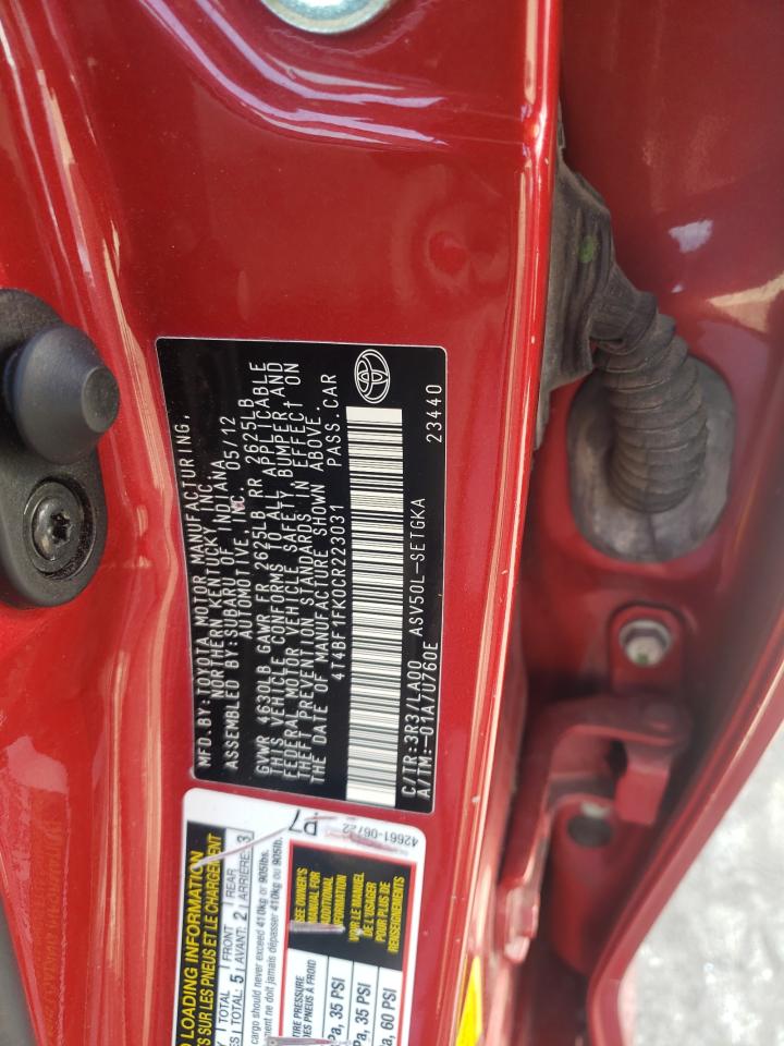 Photo 10 from auction – 2012 TOYOTA CAMRY BASE with VIN 4T4BF1FK0CR223031