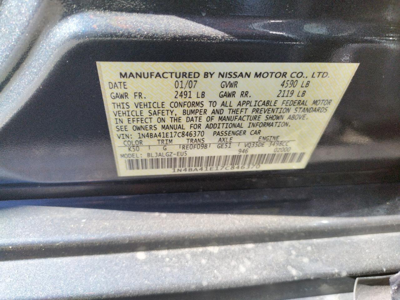 Photo 10 from auction – 2007 NISSAN MAXIMA SE with VIN 1N4BA41E17C846370