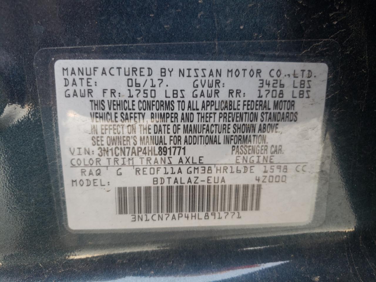 Photo 10 from auction – 2017 NISSAN VERSA S with VIN 3N1CN7AP4HL891771