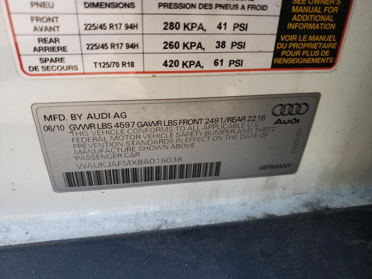 Photo 10 from auction – 2011 AUDI A3 PREMIUM with VIN WAUKJAFMXBA015038