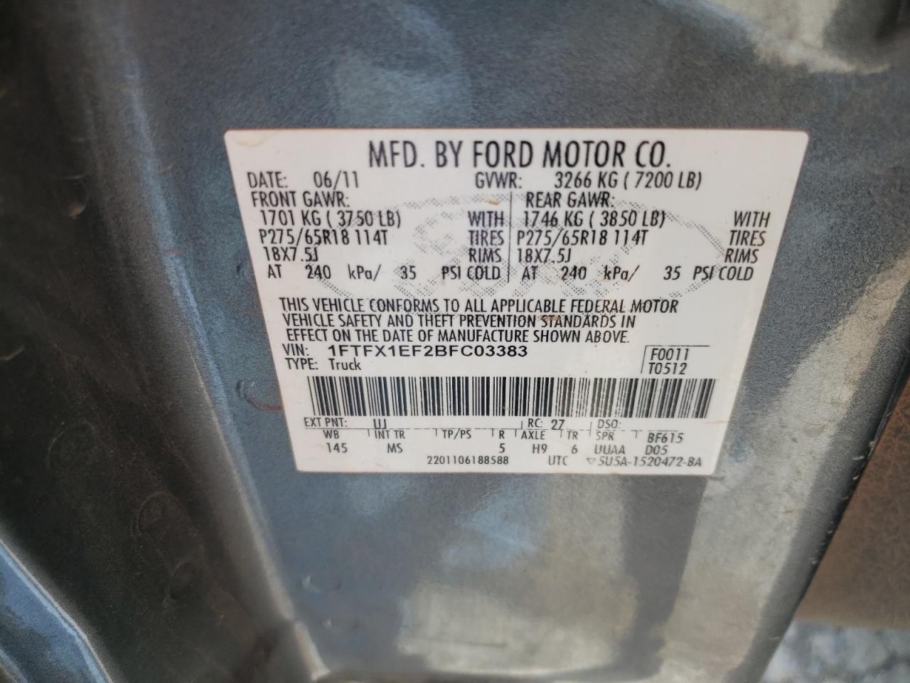 Photo 10 from auction – 2011 FORD F150 SUPER with VIN 1FTFX1EF2BFC03383