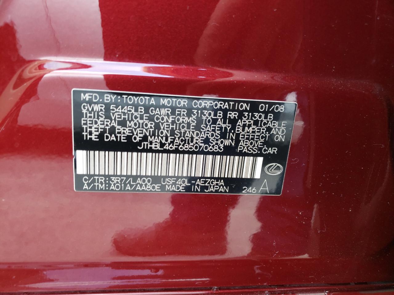 Photo 10 from auction – 2008 LEXUS LS 460 with VIN JTHBL46F685070683