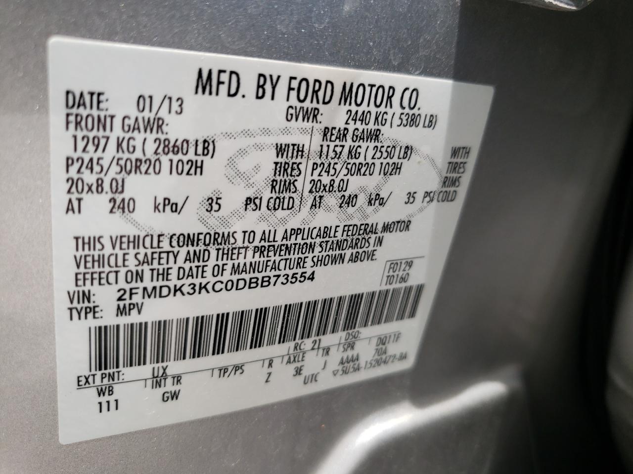 Photo 10 from auction – 2013 FORD EDGE LIMIT with VIN 2FMDK3KC0DBB73554
