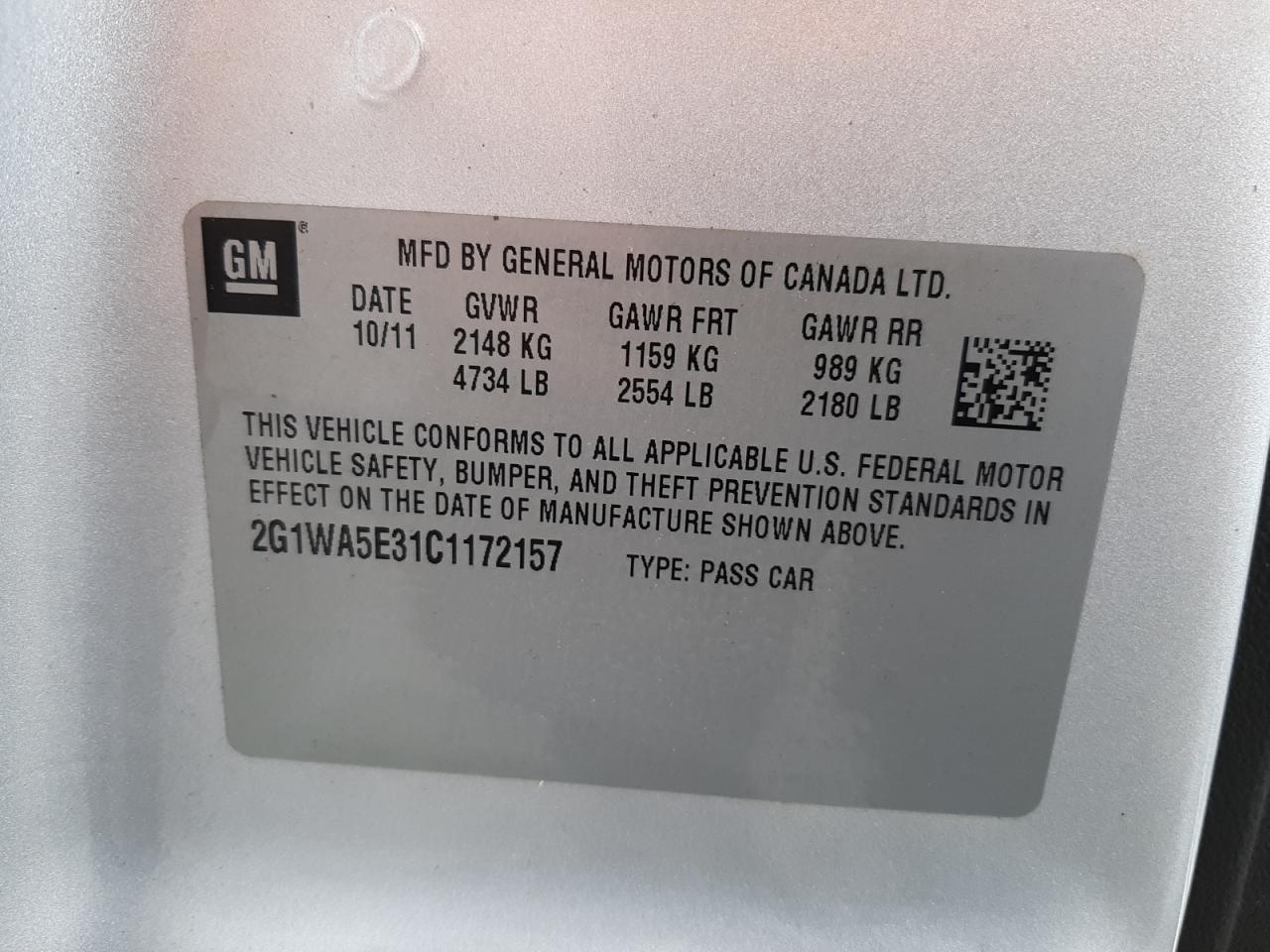 Photo 10 from auction – 2012 CHEVROLET IMPALA LS with VIN 2G1WA5E31C1172157