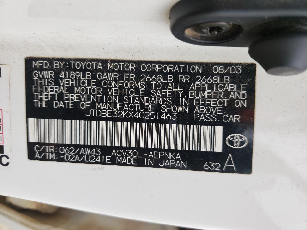 Photo 10 from auction – 2004 TOYOTA CAMRY LE with VIN JTDBE32KX40251463