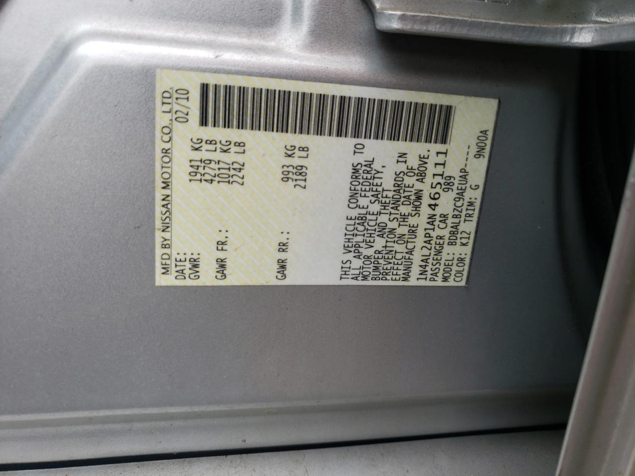 Photo 10 from auction – 2010 NISSAN ALTIMA BAS with VIN 1N4AL2AP1AN465111