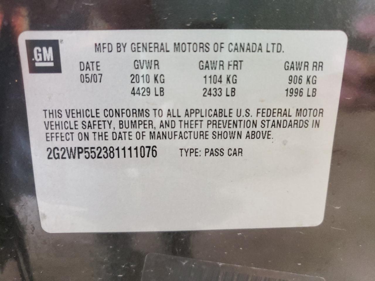 Photo 10 from auction – 2008 PONTIAC GRAND PRIX with VIN 2G2WP552381111076