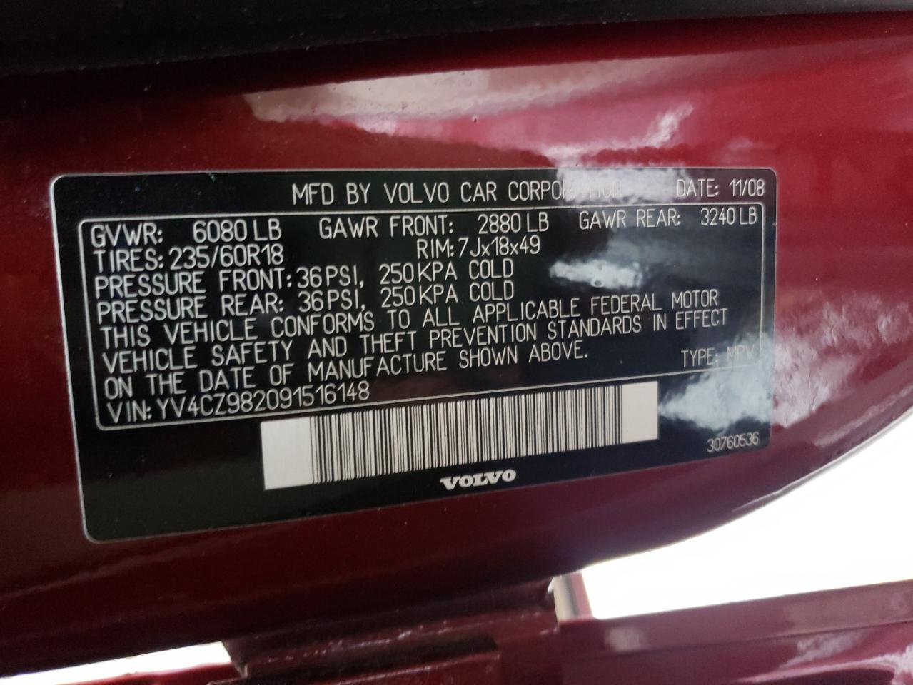 Photo 10 from auction – 2009 VOLVO XC90 3.2 with VIN YV4CZ982091516148