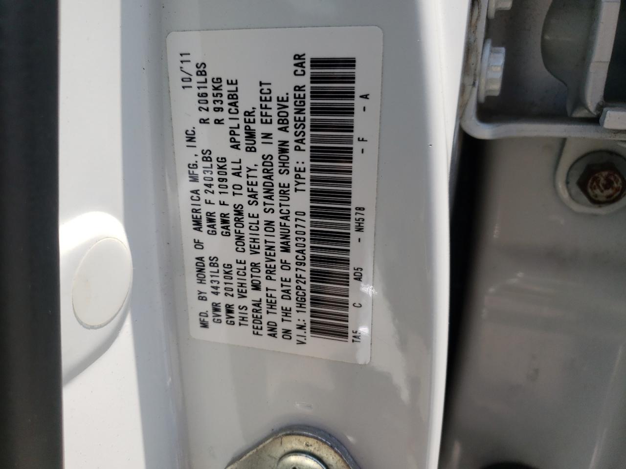 Photo 11 from auction – 2012 HONDA ACCORD EX with VIN 1HGCP2F79CA030770