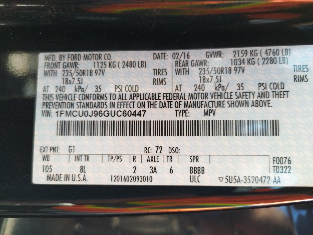Photo 10 from auction – 2016 FORD ESCAPE TIT with VIN 1FMCU0J96GUC60447