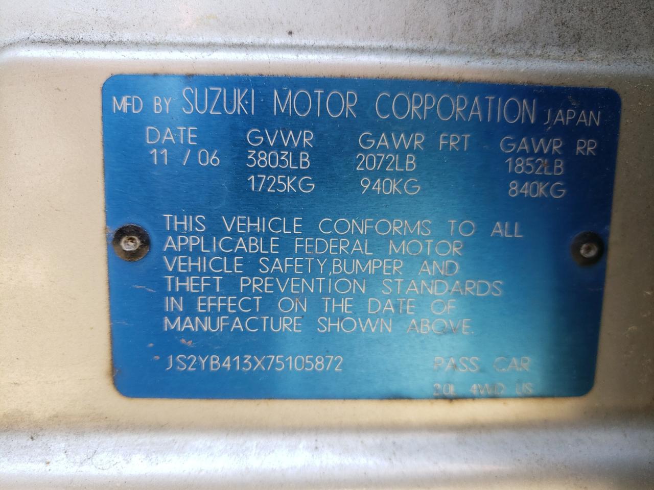 Photo 10 from auction – 2007 SUZUKI SX4 with VIN JS2YB413X75105872