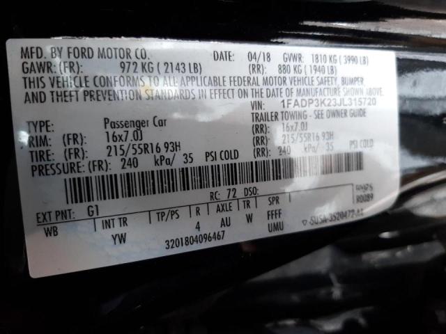 Photo 10 from auction – 2018 FORD FOCUS SE with VIN 1FADP3K23JL315720