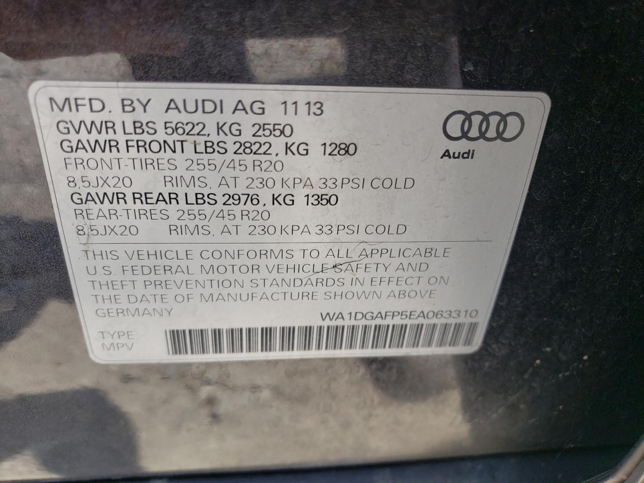 Photo 10 from auction – 2014 AUDI Q5 PREMIUM with VIN WA1DGAFP5EA063310