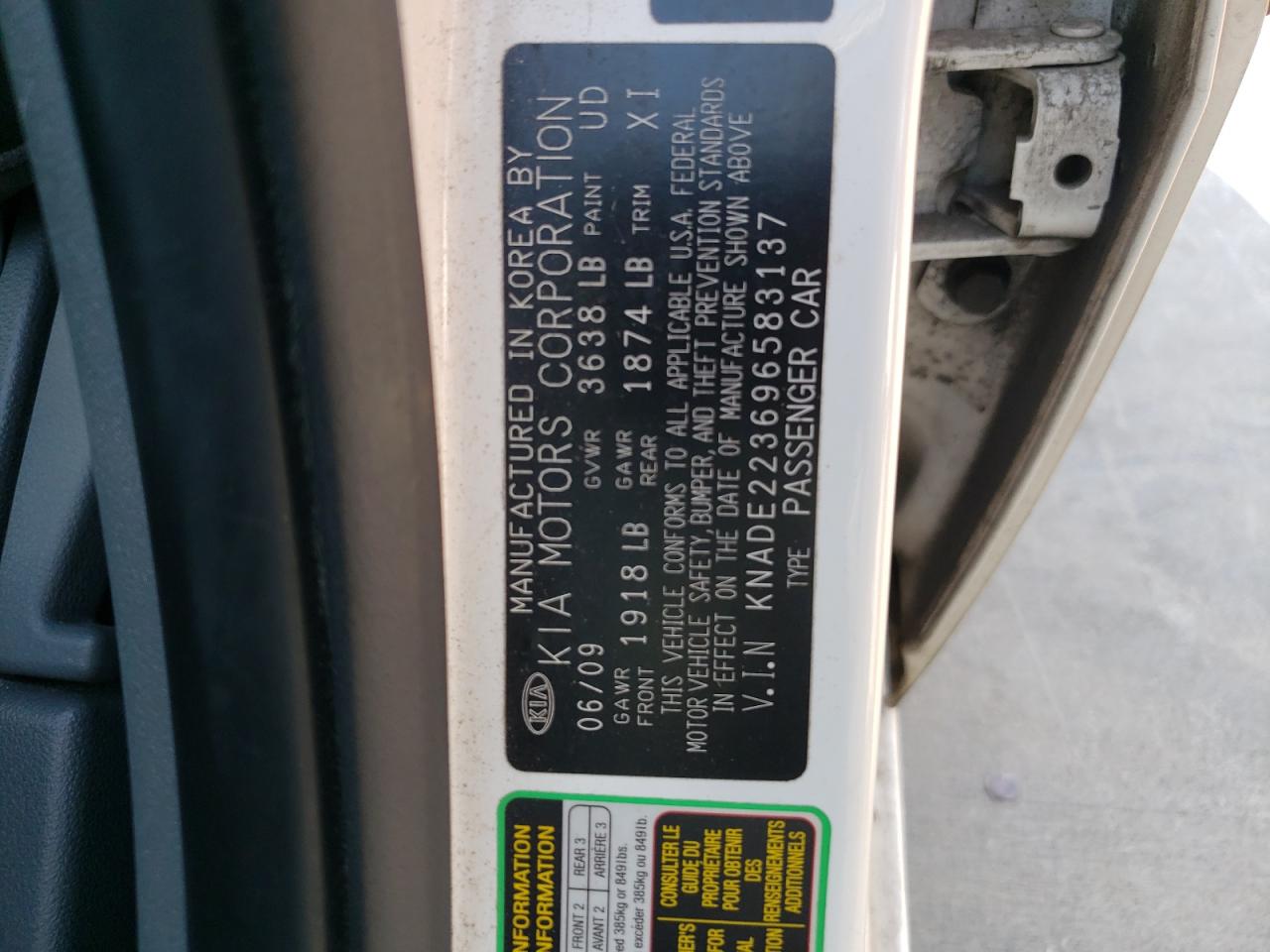 Photo 10 from auction – 2009 KIA RIO BASE with VIN KNADE223696583137