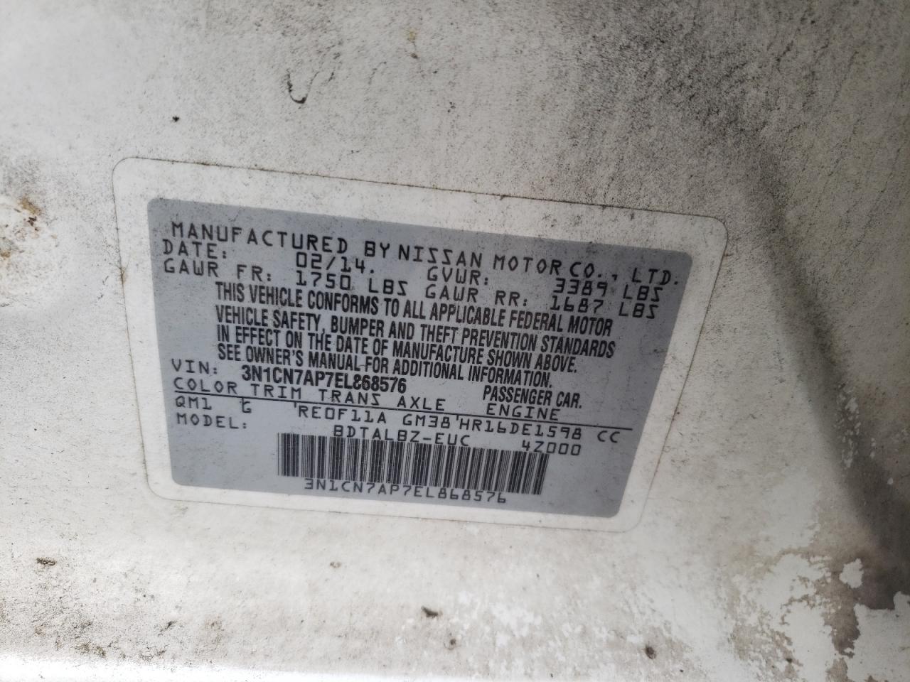 Photo 10 from auction – 2014 NISSAN VERSA S with VIN 3N1CN7AP7EL868576