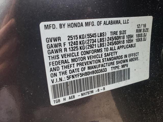 Photo 10 from auction – 2017 HONDA PILOT EXL with VIN 5FNYF5H80HB003633