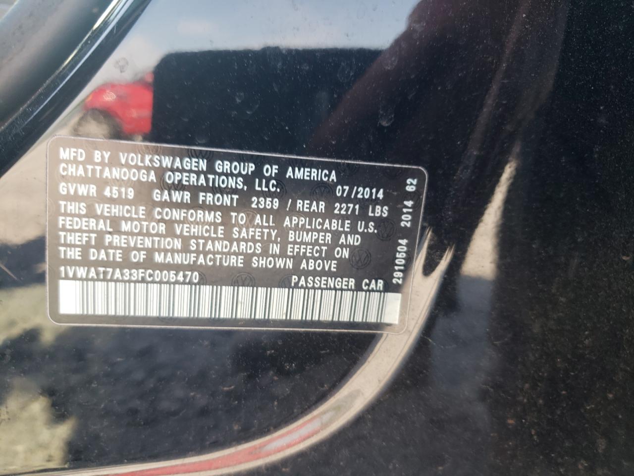 Photo 10 from auction – 2015 VOLKSWAGEN PASSAT S with VIN 1VWAT7A33FC005470