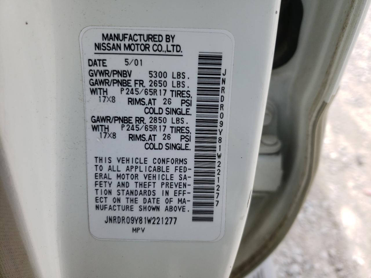 Photo 10 from auction – 2001 INFINITI QX4 with VIN JNRDR09Y81W221277