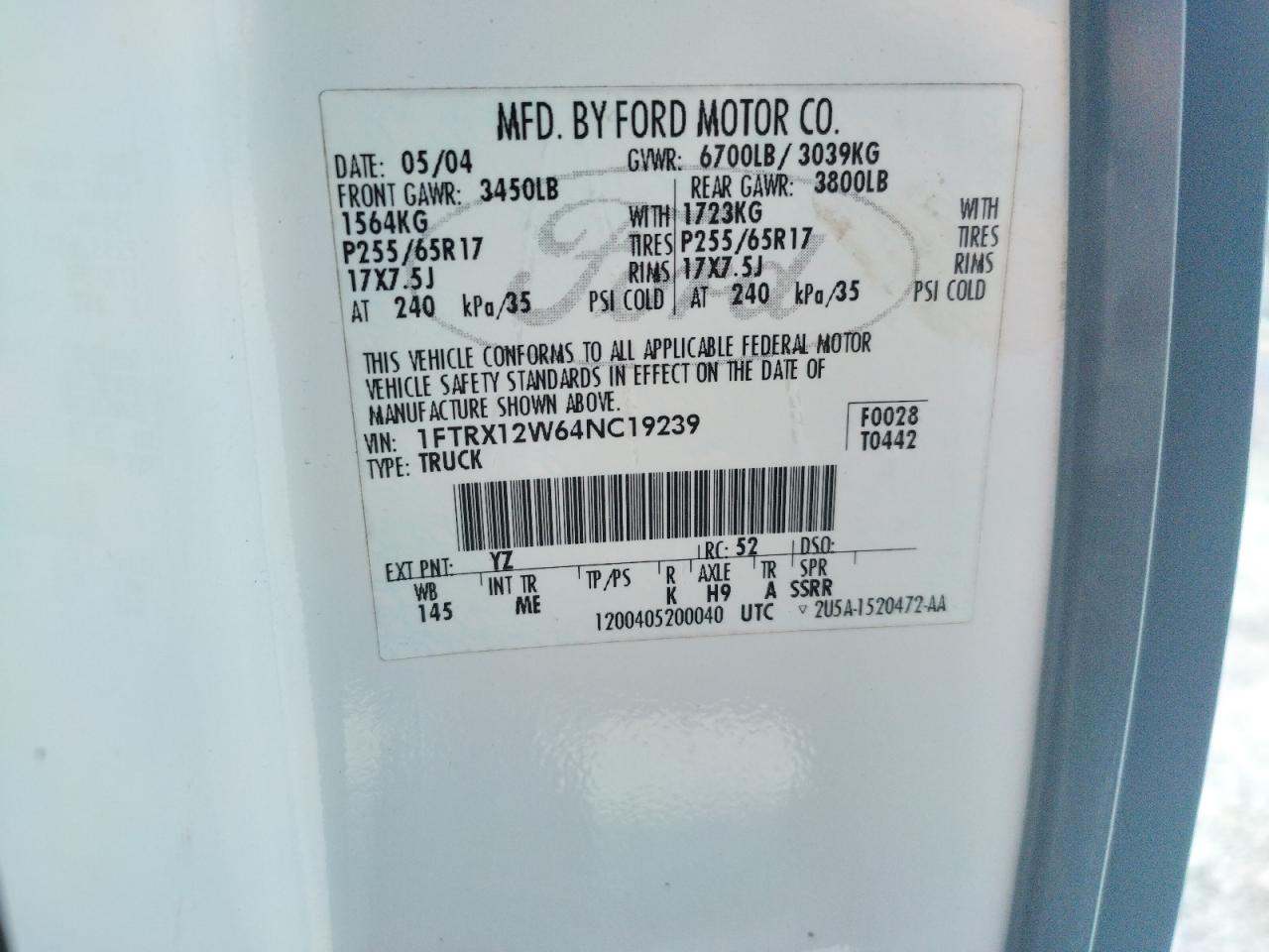 Photo 10 from auction – 2004 FORD F150 with VIN 1FTRX12W64NC19239