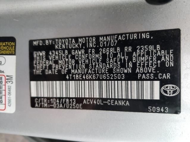 Photo 10 from auction – 2007 TOYOTA CAMRY CE with VIN 4T1BE46K67U652503