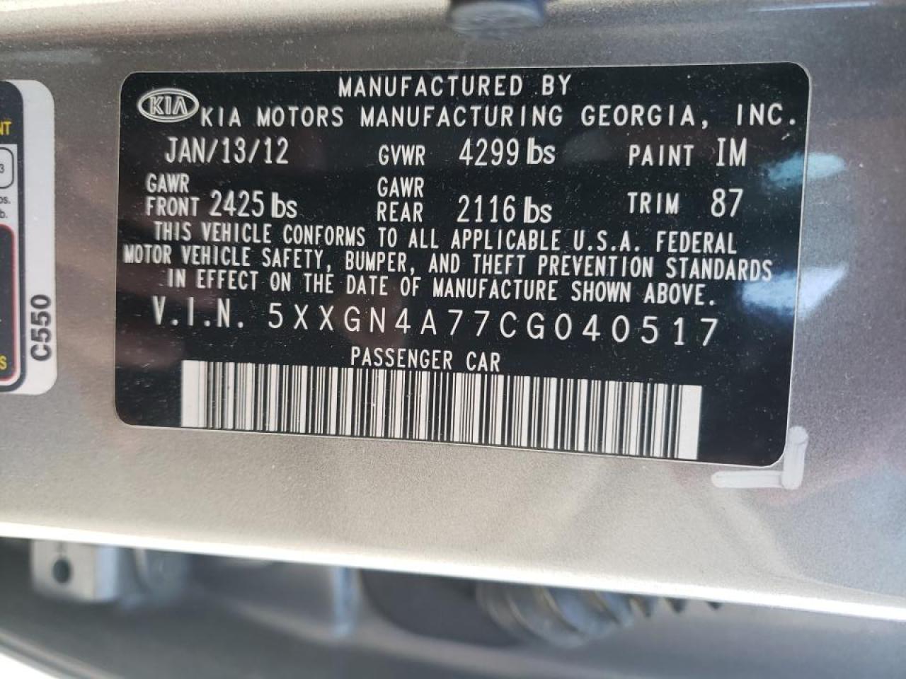 Photo 10 from auction – 2012 KIA OPTIMA EX with VIN 5XXGN4A77CG040517