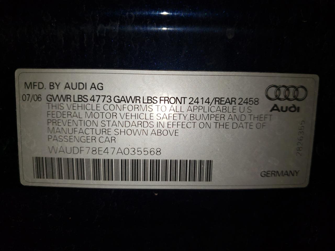 Фото 10 с аукциона – 2007 AUDI A4 2.0T QU с VIN WAUDF78E47A035568