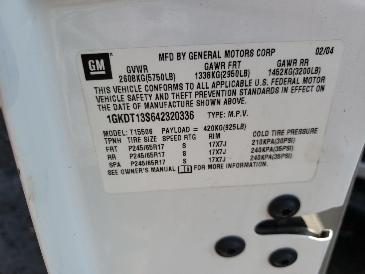 Photo 10 from auction – 2004 GMC ENVOY with VIN 1GKDT13S642320336