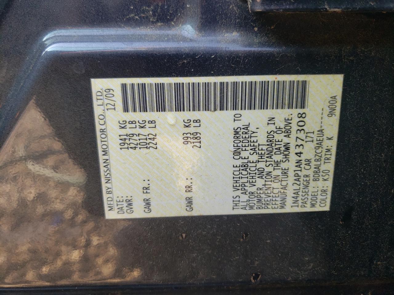 Photo 10 from auction – 2010 NISSAN ALTIMA BAS with VIN 1N4AL2AP1AN437308