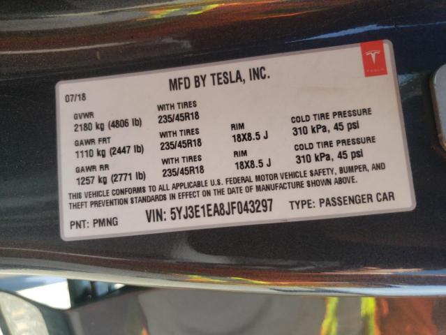 Photo 10 from auction – 2018 TESLA MODEL 3 with VIN 5YJ3E1EA8JF043297