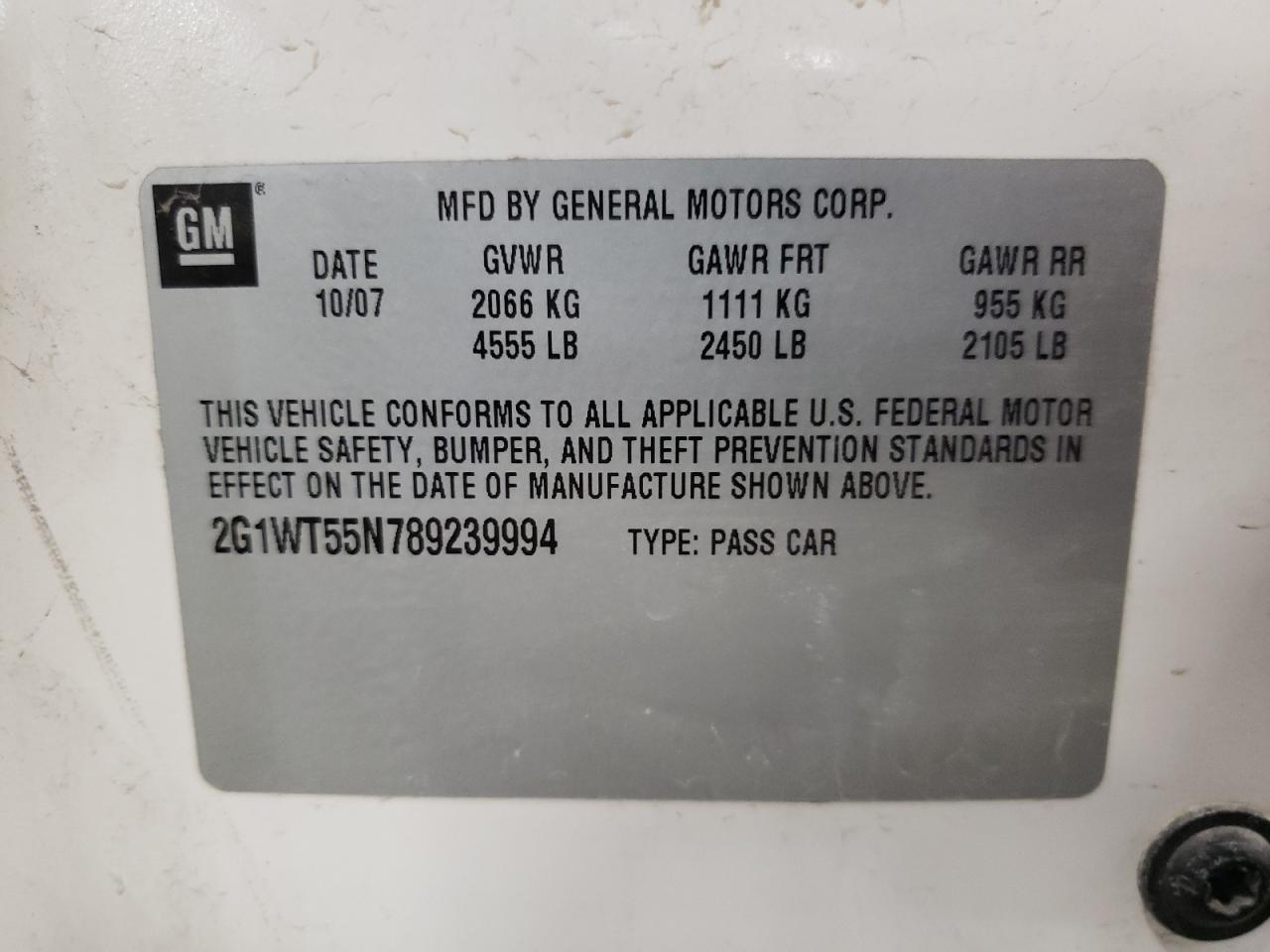 Photo 10 from auction – 2008 CHEVROLET IMPALA LT with VIN 2G1WT55N789239994