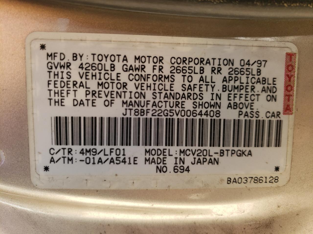 Photo 10 from auction – 1997 LEXUS ES 300 with VIN JT8BF22G5V0064408