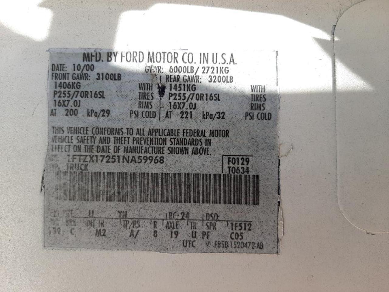 Photo 10 from auction – 2001 FORD F150 with VIN 1FTZX17251NA59968