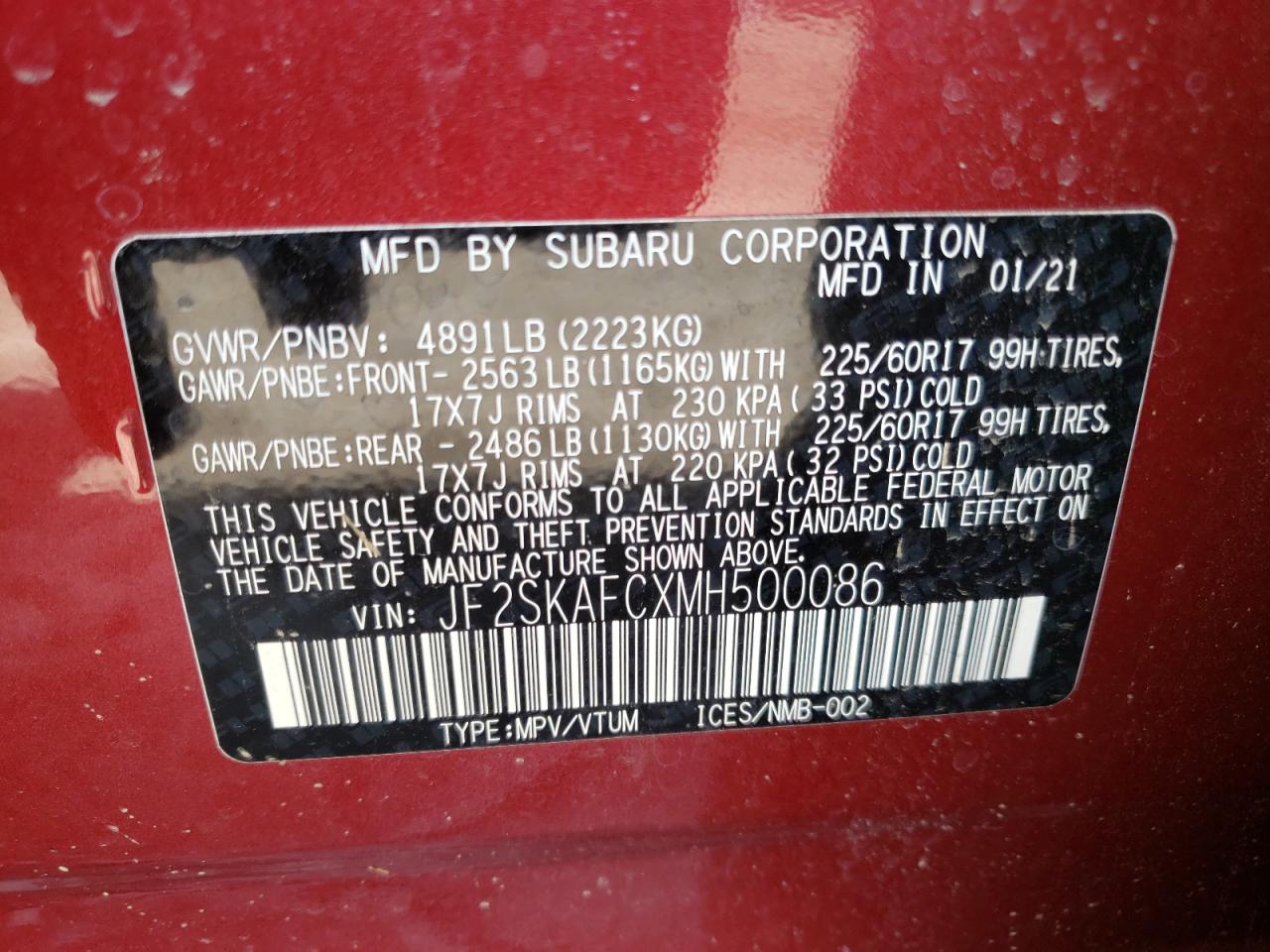 Photo 10 from auction – 2021 SUBARU FORESTER P with VIN JF2SKAFCXMH500086