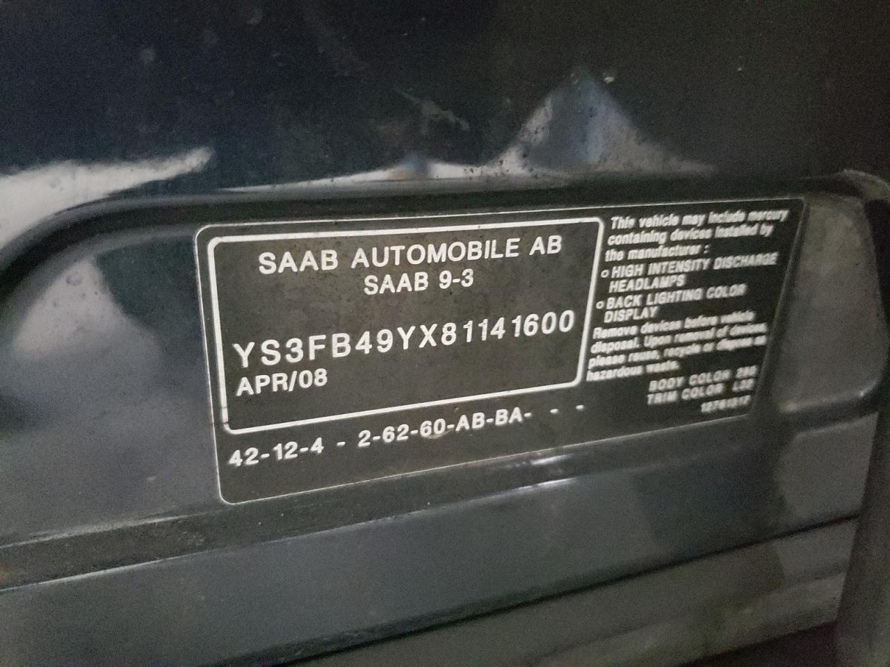 Photo 10 from auction – 2008 SAAB 9-3 2.0T with VIN YS3FB49YX81141600