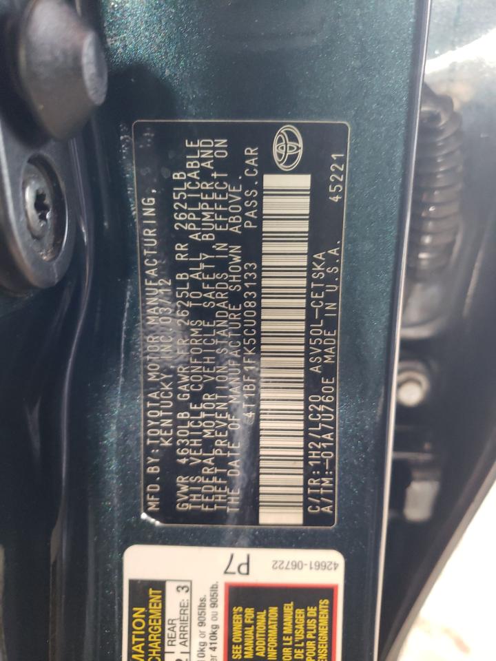 Photo 10 from auction – 2012 TOYOTA CAMRY BASE with VIN 4T1BF1FK5CU083133