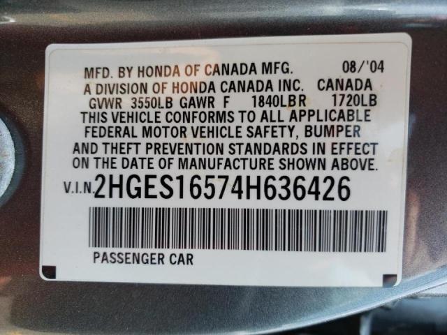 Photo 10 from auction – 2004 HONDA CIVIC LX with VIN 2HGES16574H636426