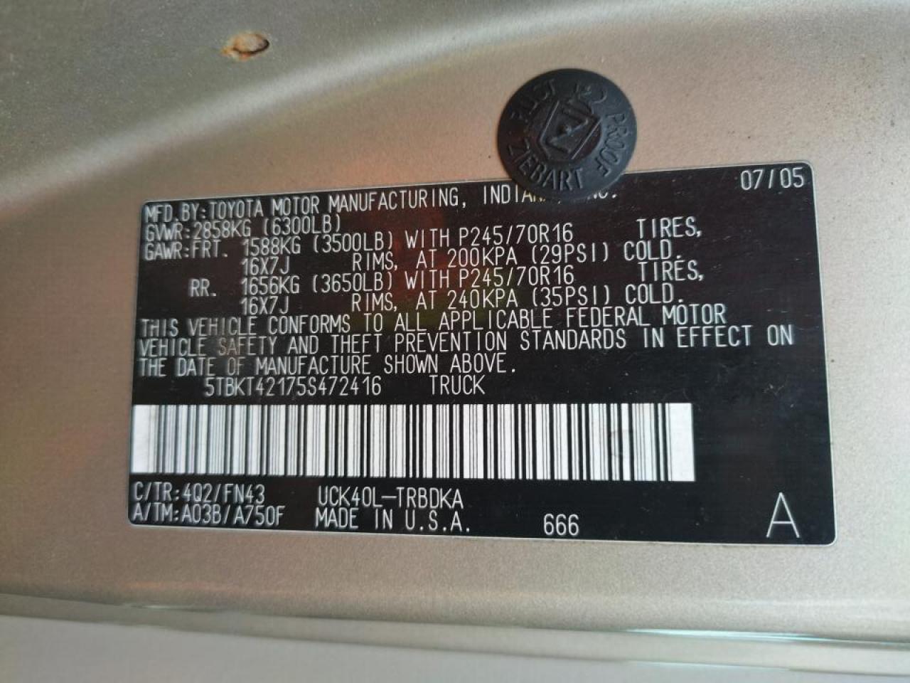 Photo 10 from auction – 2005 TOYOTA TUNDRA with VIN 5TBKT42175S472416