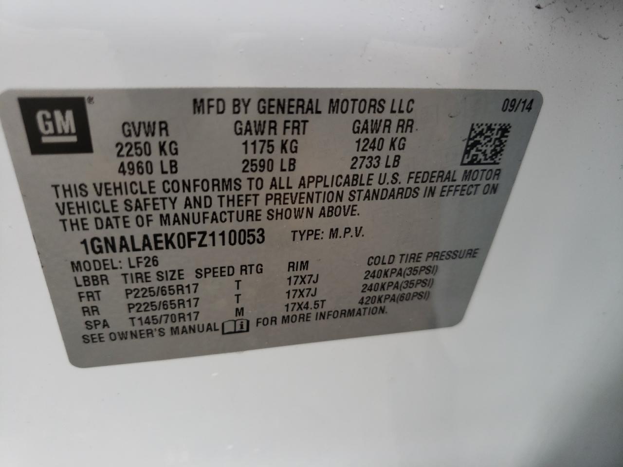 Photo 10 from auction – 2015 CHEVROLET EQUINOX LS with VIN 1GNALAEK0FZ110053