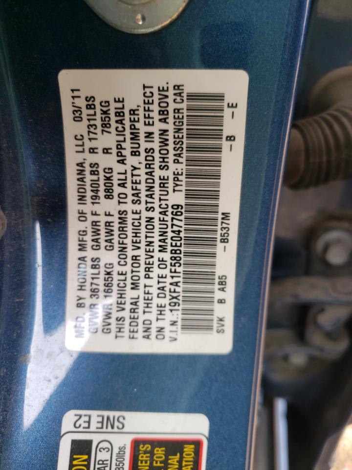 Photo 10 from auction – 2011 HONDA CIVIC LX with VIN 19XFA1F58BE047769