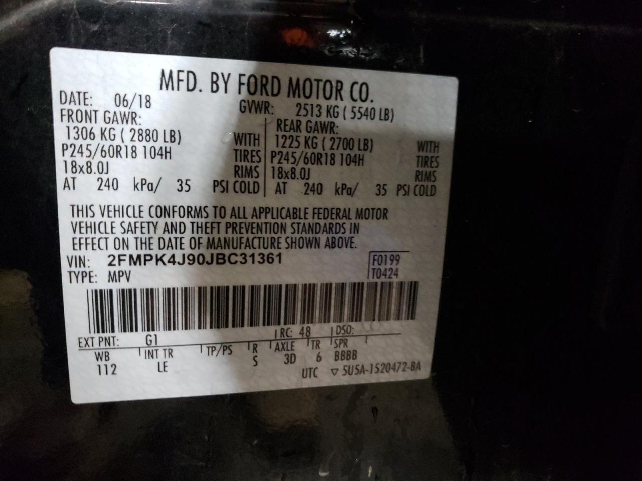 Photo 10 from auction – 2018 FORD EDGE SEL with VIN 2FMPK4J90JBC31361