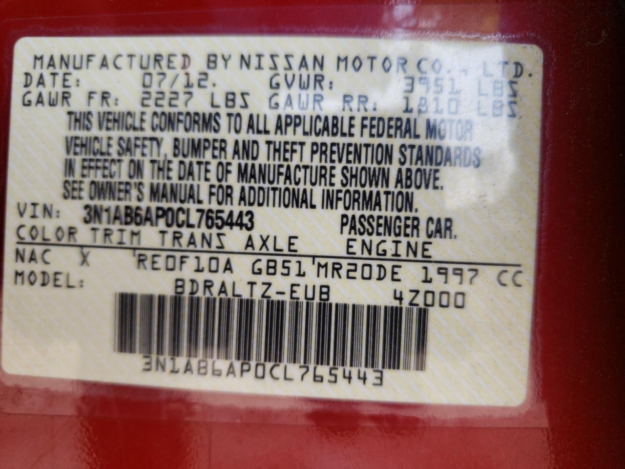 Photo 10 from auction – 2012 NISSAN SENTRA 2.0 with VIN 3N1AB6AP0CL765443