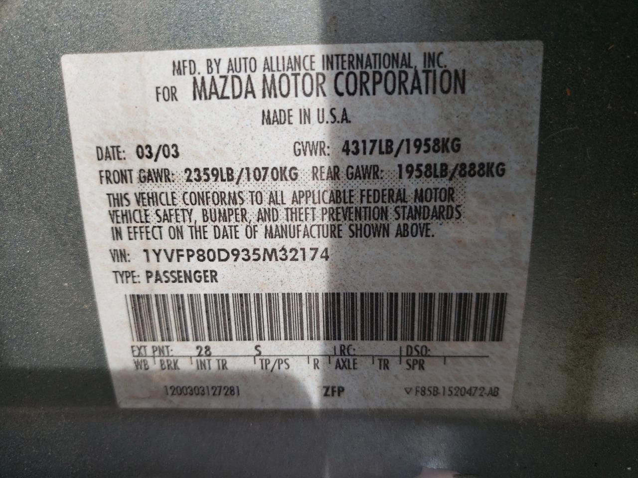 Photo 10 from auction – 2003 MAZDA 6 S with VIN 1YVFP80D935M32174