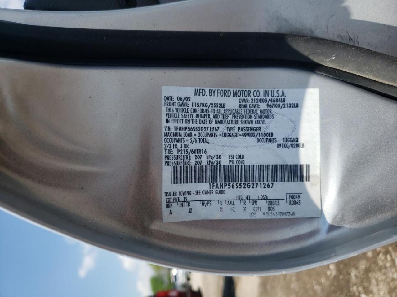Photo 10 from auction – 2002 FORD TAURUS SEL with VIN 1FAHP56S52G271267