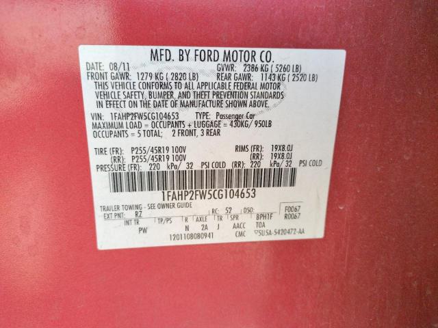 Photo 10 from auction – 2012 FORD TAURUS LIM with VIN 1FAHP2FW5CG104653