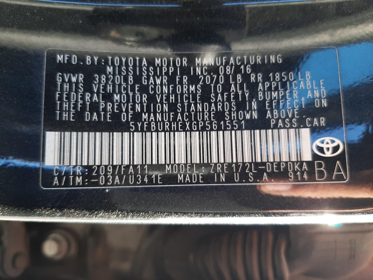 Zdjęcie 10 z aukcji – 2016 TOYOTA COROLLA L z VIN 5YFBURHEXGP561551